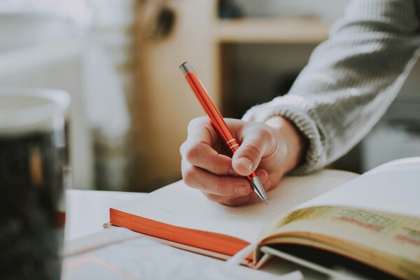 Image of an individuals writing in a book.